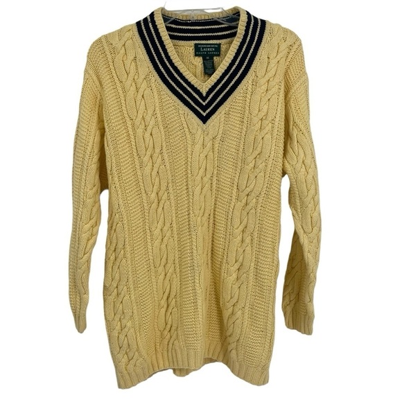 Lauren RALPH LAUREN Yellow/Navy Hand Knit Cotton Tennis Sweater Womens Size M - Picture 1 of 10